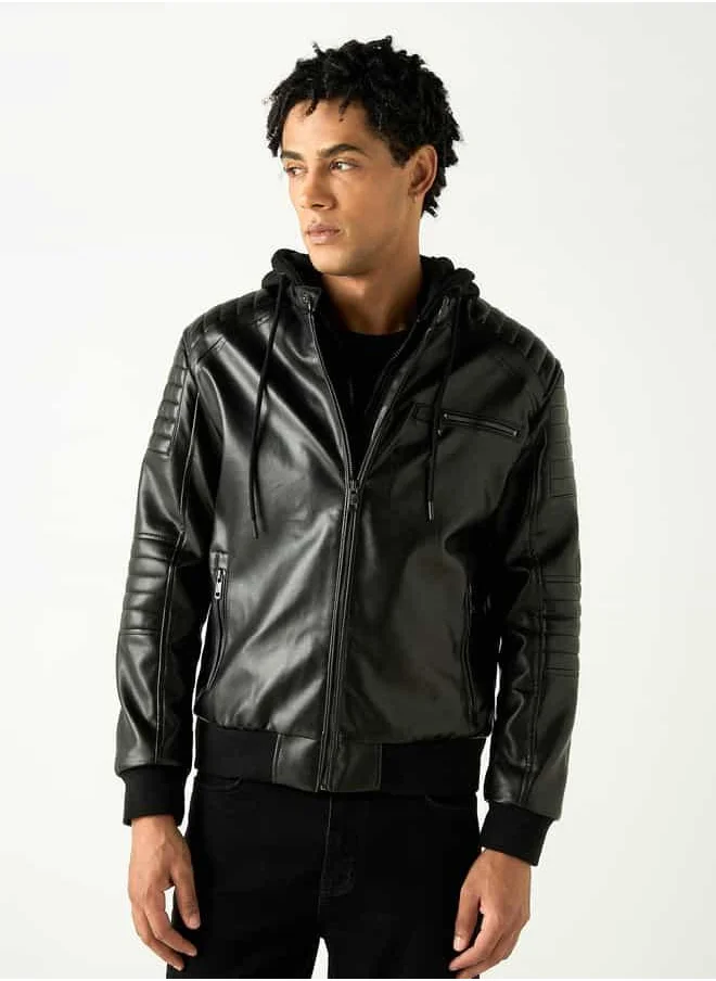 Lee Cooper Lee Cooper Solid Zip Through Biker Jacket with Hood and Pockets