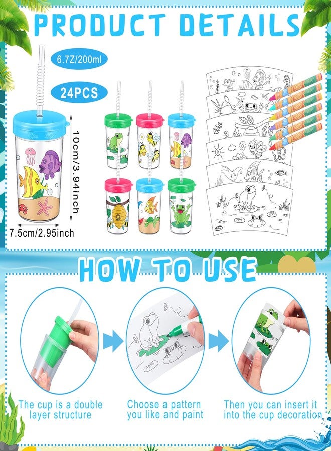 Funnymoom 24 Pcs Summer Color Your Own Cups 8 oz DIY Plastic Cup with Lids and Straws Ocean Themed Bee and Frog Party Cups for Summer Party Supplies DIY Crafts Home Activities - Image 2
