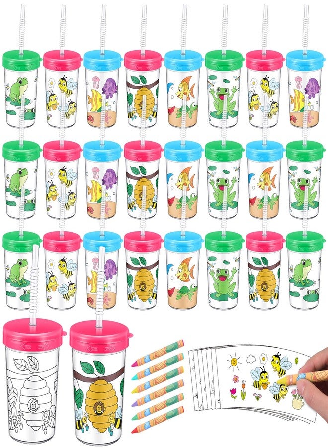 Funnymoom 24 Pcs Summer Color Your Own Cups 8 oz DIY Plastic Cup with Lids and Straws Ocean Themed Bee and Frog Party Cups for Summer Party Supplies DIY Crafts Home Activities - Image 1