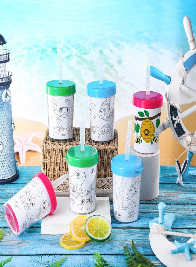 Funnymoom 24 Pcs Summer Color Your Own Cups 8 oz DIY Plastic Cup with Lids and Straws Ocean Themed Bee and Frog Party Cups for Summer Party Supplies DIY Crafts Home Activities - Image 3