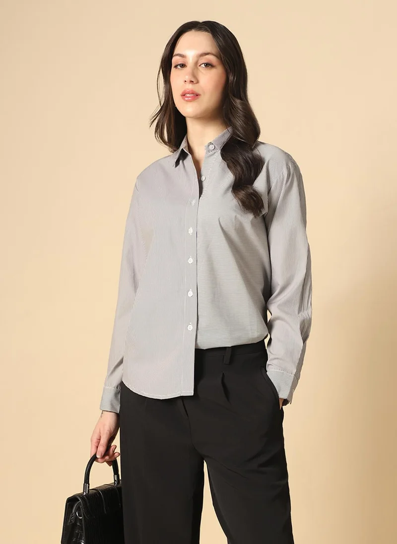 globus Globus Women Black Collared Neck Cuffed Sleeves Multi Stripes Curved Hem Oversized Workwear Shirt