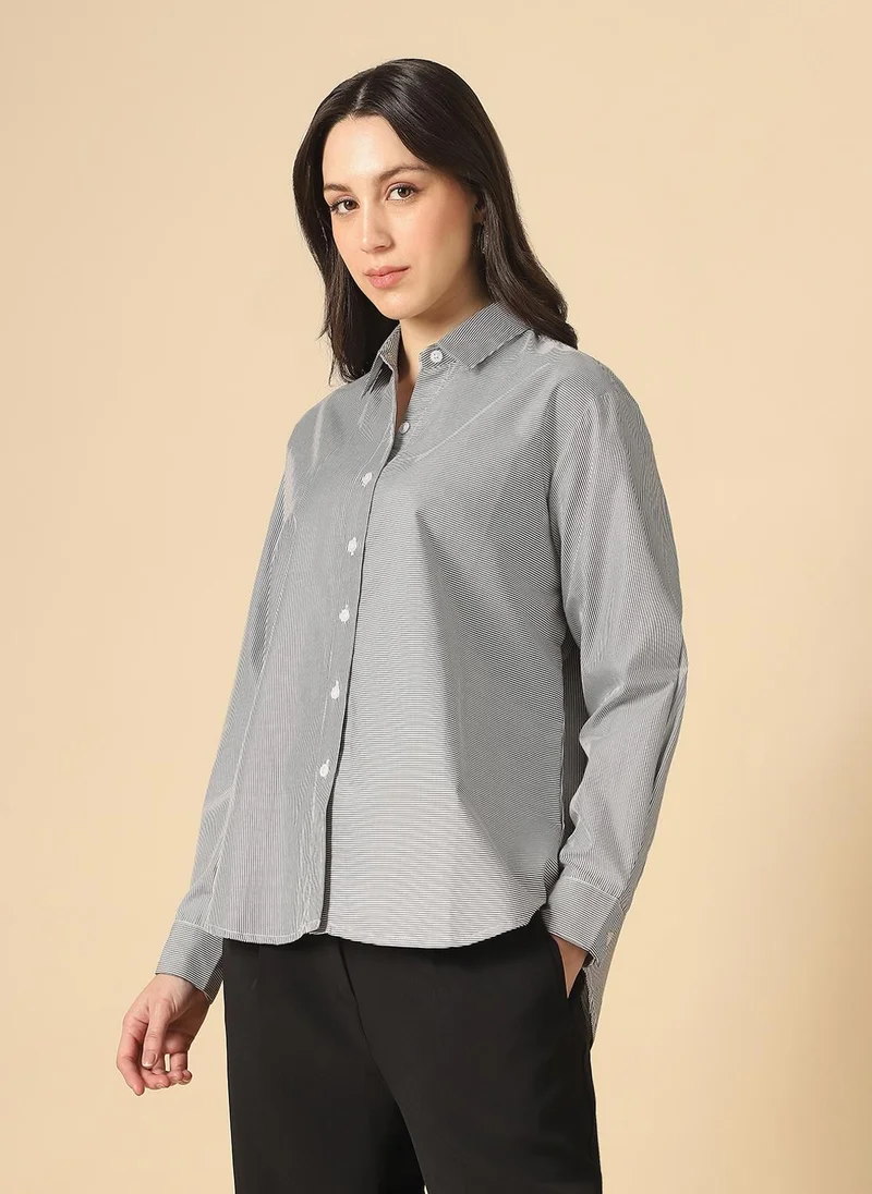 globus Globus Women Black Collared Neck Cuffed Sleeves Multi Stripes Curved Hem Oversized Workwear Shirt