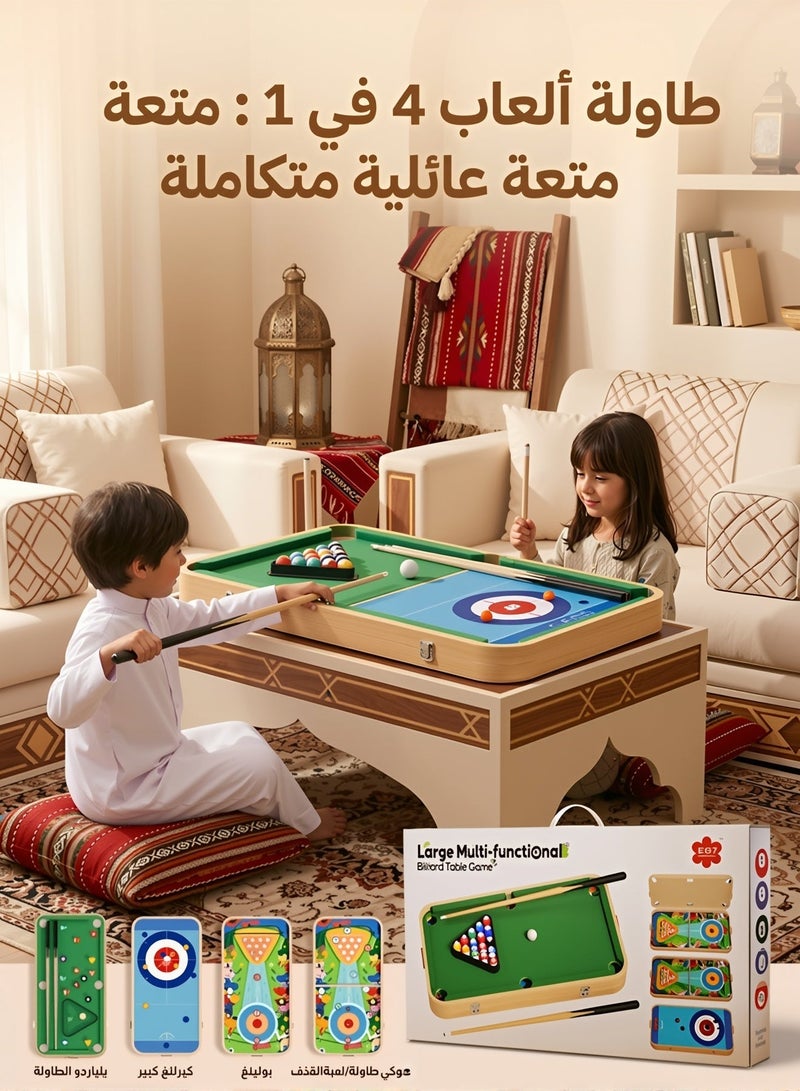 Aurlar 4 in 1 Large Kids Game Table 71×35cm – Wooden Billiard, Curling, Bowling & Sling Puck Hockey Set, Portable Family Indoor Outdoor Interactive Game for Boys & Girls - Image 1