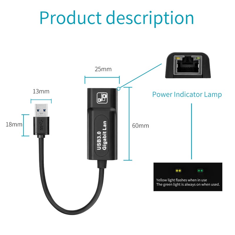 USB 3.0 Network Card Converter - High-Speed Transmission No Buffering, Compact Portable Design, Backward Compatible With USB 2.0/1.1, Black Network Card Adapter for Home Office Travel - Image 2
