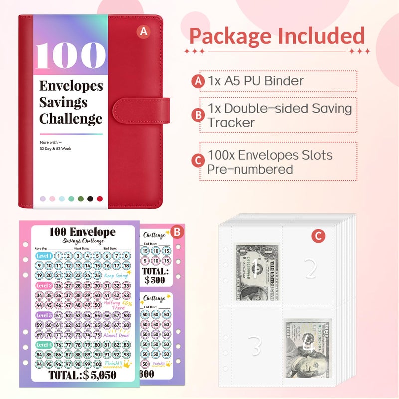 Sooez 100 Envelope Savings Challenge Book with 100 Pocket Pre-Numbered & Reusable Laminated Tracker - Image 2