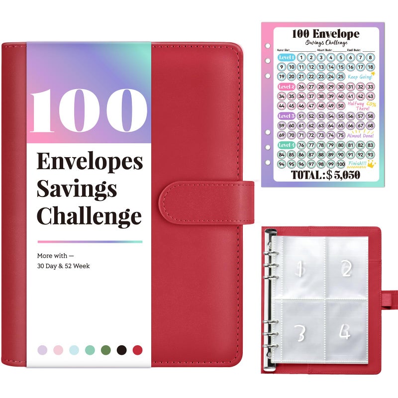 Sooez 100 Envelope Savings Challenge Book with 100 Pocket Pre-Numbered & Reusable Laminated Tracker - Image 1