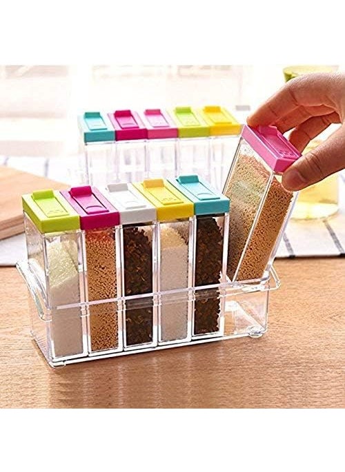 GETZET Crystal Seasoning Spice Rack 6 Lid Container Set Condiment Shelf Holder Jars Dispenser Masala Rack Easy Flow Storage Crystal Seasoning Box multicolor