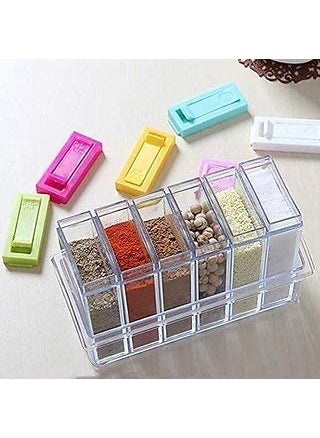 GETZET Crystal Seasoning Spice Rack 6 Lid Container Set Condiment Shelf Holder Jars Dispenser Masala Rack Easy Flow Storage Crystal Seasoning Box multicolor