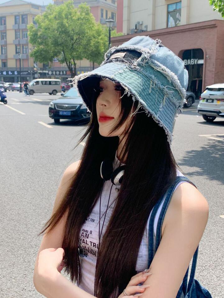 Bucket Hat Women Niche Denim Patchwork Raw Edge Casual Face Slimming Summer Sunhat - Image 4