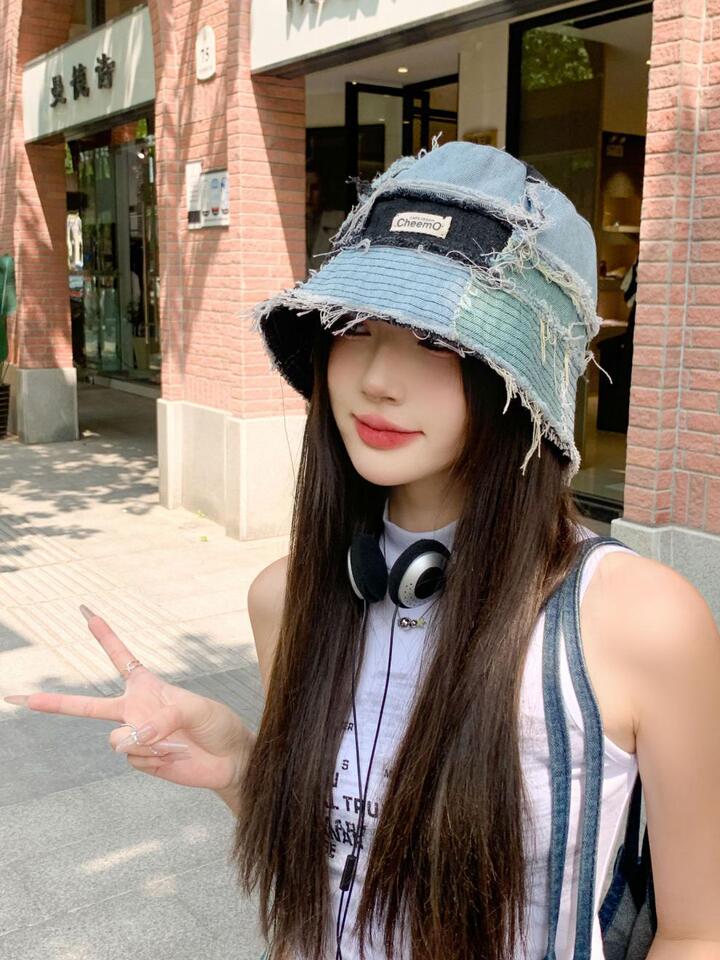 Bucket Hat Women Niche Denim Patchwork Raw Edge Casual Face Slimming Summer Sunhat - Image 2