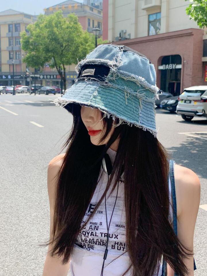 Bucket Hat Women Niche Denim Patchwork Raw Edge Casual Face Slimming Summer Sunhat - Image 3