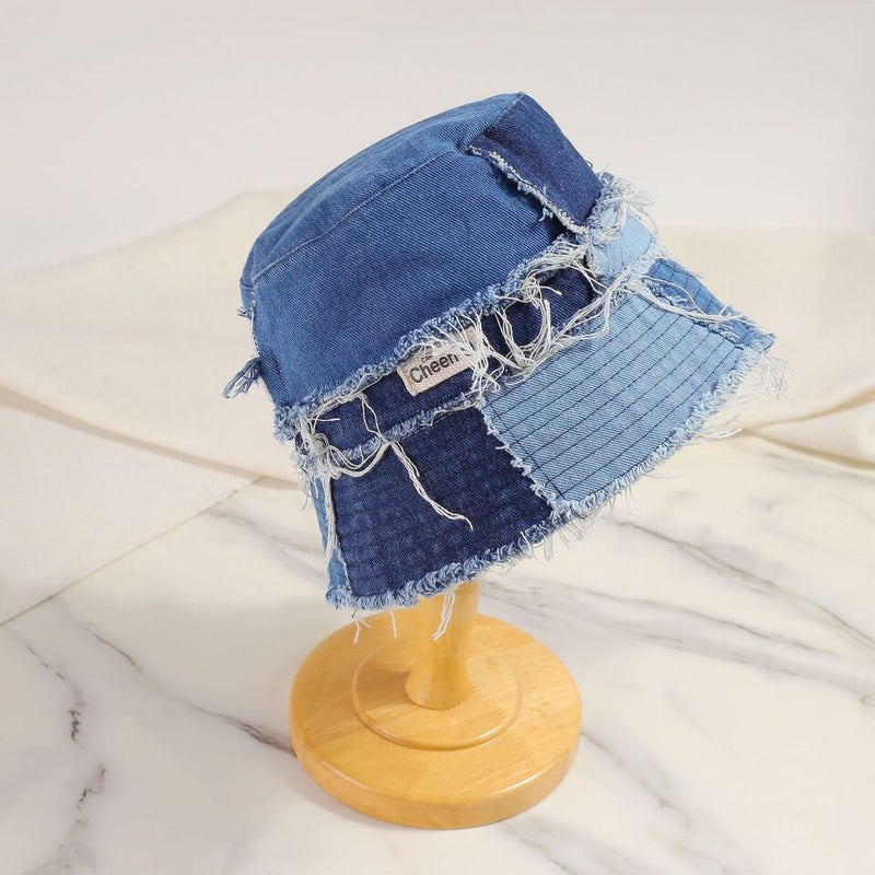Bucket Hat Women Niche Denim Patchwork Raw Edge Casual Face Slimming Summer Sunhat - Image 1
