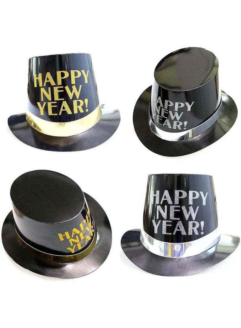 ThePartyPopper Pack of 4 Happy New Year Party Hat for Adults & Kids – Silver & Gold New Year’s Eve Top Hat, NYE Celebration Accessory, Festive Party Costume Decoration - Image 1