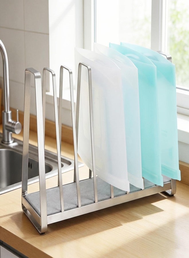 AIDILI Plastic Bag Drying Rack - 9-Slot Reusable Bag Drying Rack with Diatomite Base for Freezer Bags, Snack Bags, Cutting Boards, Lids and Dishes(Silver) - Image 2
