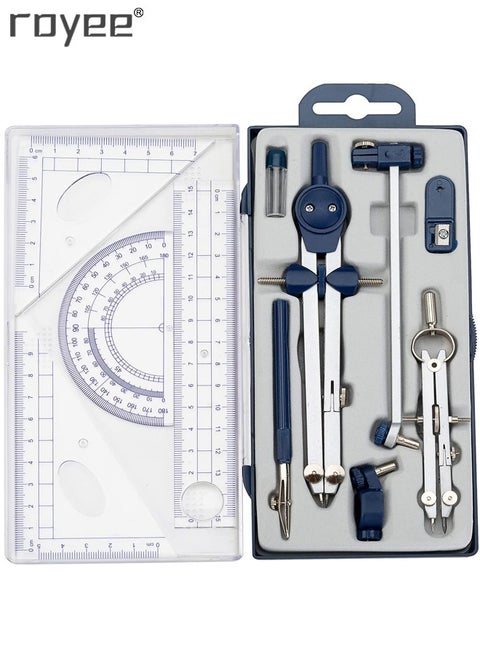 Math Compass and Protractors Geometry Precision Drawing Tool Metal Geometry Kit Set Circle Triangle Ruler Protractor