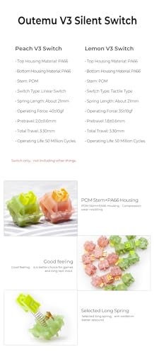 KPREPUBLIC Outemu Silent Peach V3 Linear Switch and Silent Lemon Tactile Lime for Mechanical Keyboard - POM PA66 Factory Lubed (OTM V3 No LiGuide x110) - Image 2