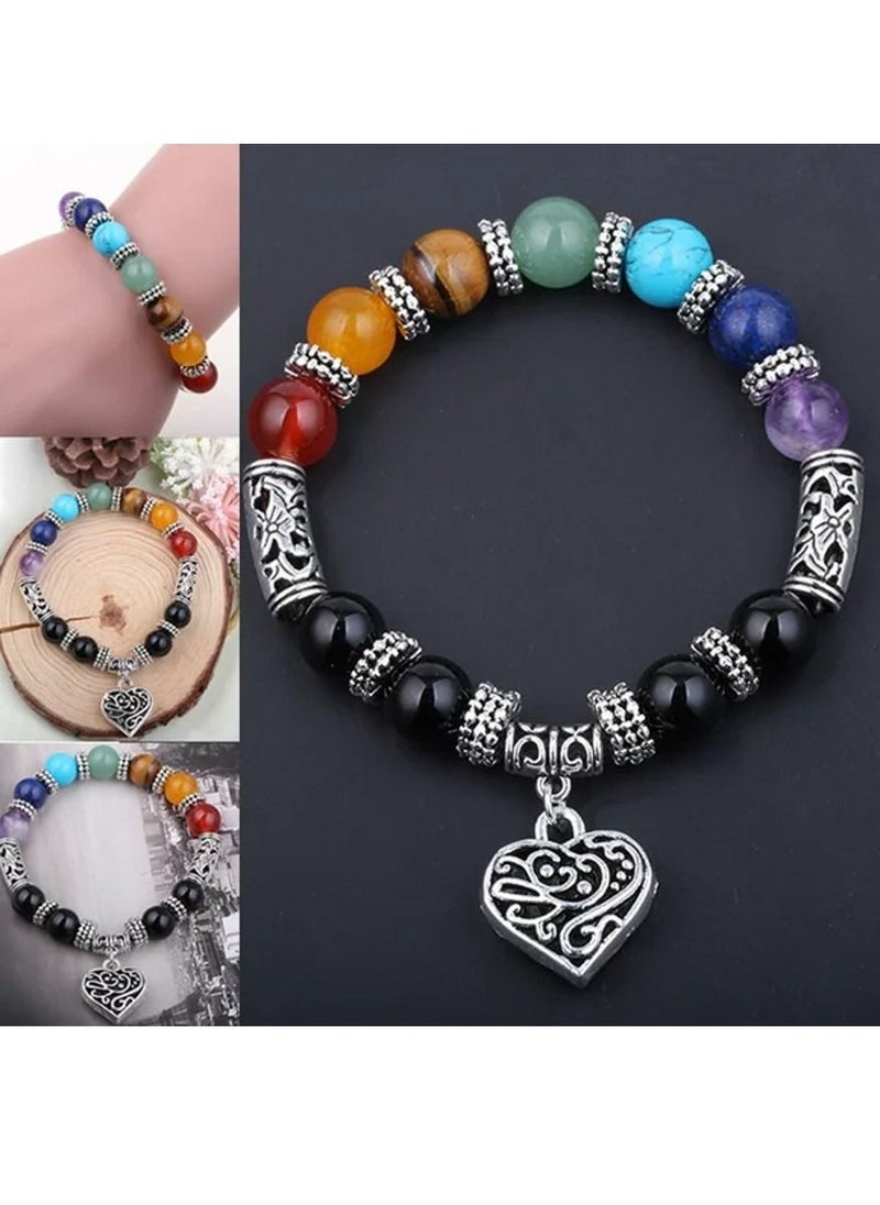 Men Women 7 Chakra Bracelets Colors Mixed Agate Stones Yoga Heart Bracelet Lucky Bracelets