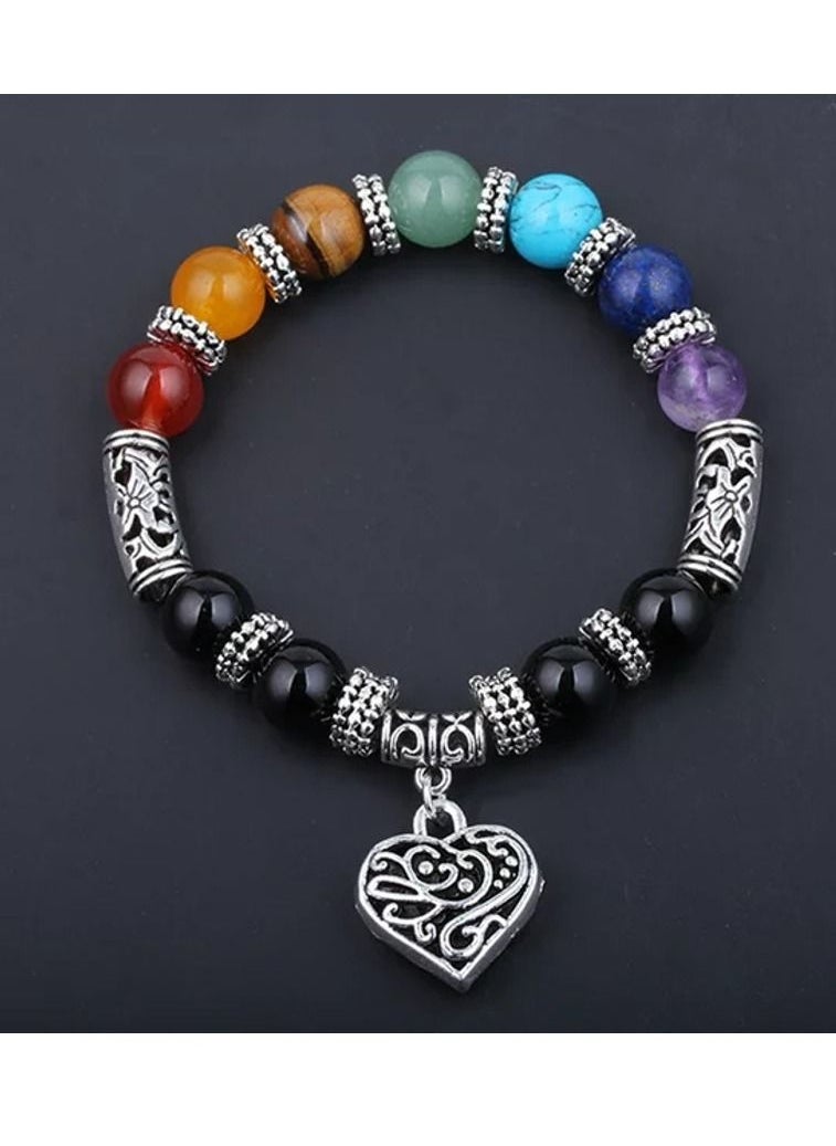 Men Women 7 Chakra Bracelets Colors Mixed Agate Stones Yoga Heart Bracelet Lucky Bracelets