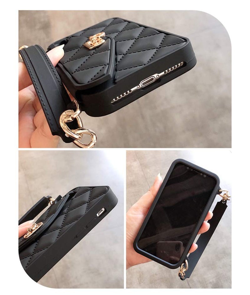 UnnFiko Wallet Case Compatible with iPhone 12 Pro, Cute Light Luxury Bag Design, Purse Flip Card Pouch Cover Soft Silicone Case with Handstrap Long Shoulder Strap (Black, iPhone 12 Pro) - Image 4