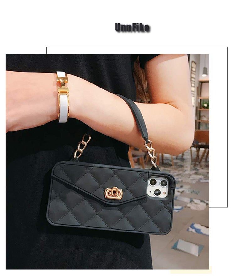 UnnFiko Wallet Case Compatible with iPhone 12 Pro, Cute Light Luxury Bag Design, Purse Flip Card Pouch Cover Soft Silicone Case with Handstrap Long Shoulder Strap (Black, iPhone 12 Pro) - Image 3