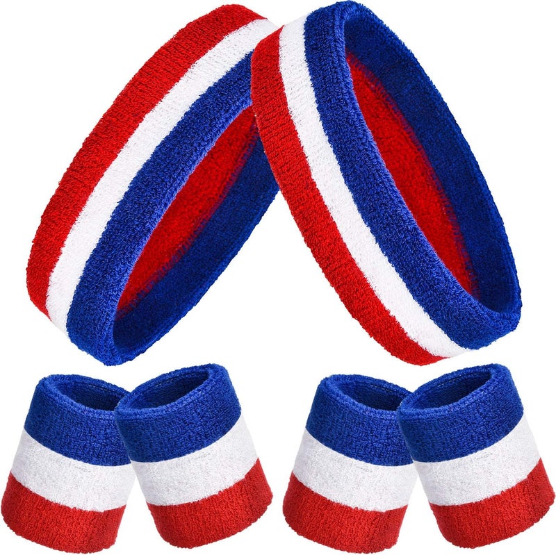 Bememo 6 Pcs Neon Sweatbands Set for Men Women 80s Tennis Striped Headband Sports Wristband Set Costumes Glow Cosplay Party - Image 1