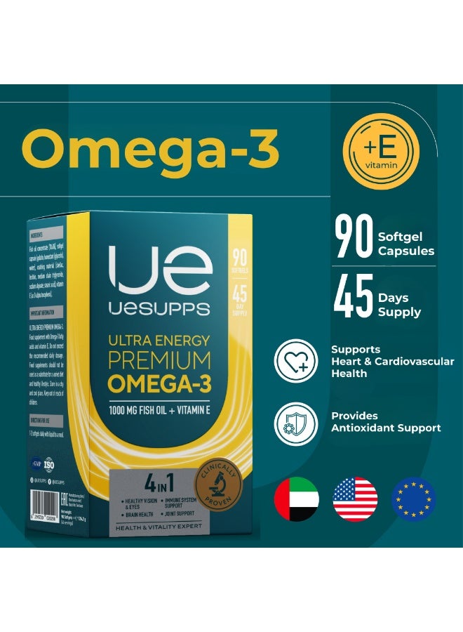 UESUPPS مكمل أوميغا 3 من UESUPPS | زيت سمك فاخر مع EPA و DHA من السلمون والماكريل والسردين | مع فيتامين E | صيغة طاقة فائقة | 90 كبسولة لينة - Image 2