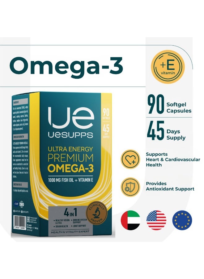 UESUPPS مكمل أوميغا 3 من UESUPPS | زيت سمك فاخر مع EPA و DHA من السلمون والماكريل والسردين | مع فيتامين E | صيغة طاقة فائقة | 90 كبسولة لينة - Image 3