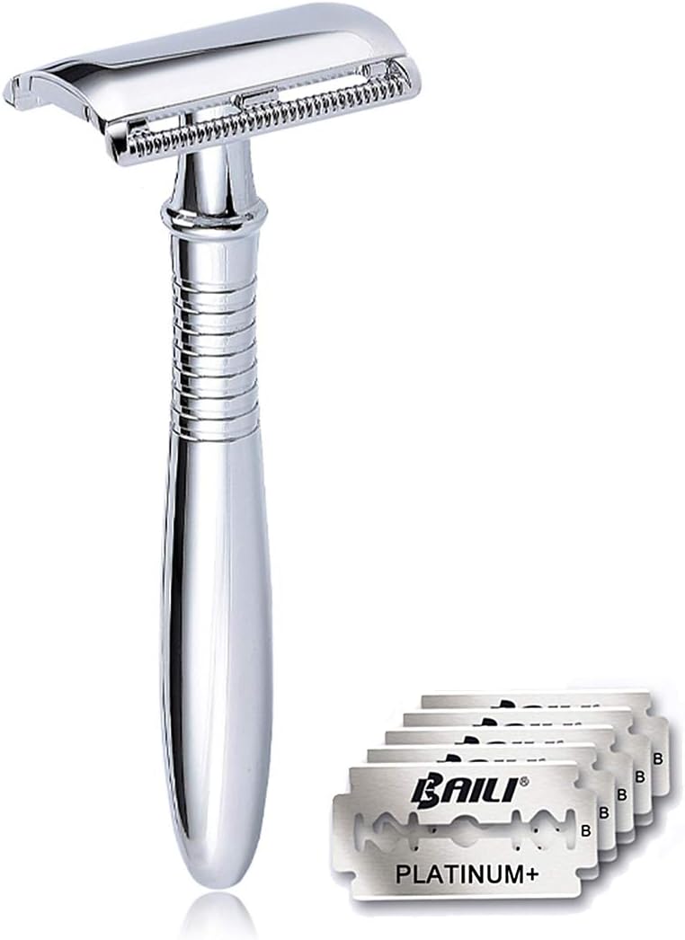 BAILI BAILI Classic 3Piece Metal Double Edge Eco Safety Razor Long Handle Wet Shaving Kit for Men Women with 5 Platinum Blades BD191 