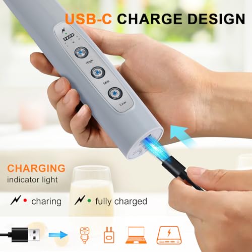 YUSWKO Handheld Milk Frother for Coffee, Rechargeable Drink Mixer with 3 Heads 3 Speeds Electric Whisk Coffee Frother For Latte, Cappuccino, Hot Chocolate, Egg - Cement Gray - Image 2