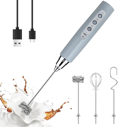 YUSWKO Handheld Milk Frother for Coffee, Rechargeable Drink Mixer with 3 Heads 3 Speeds Electric Whisk Coffee Frother For Latte, Cappuccino, Hot Chocolate, Egg - Cement Gray - Image 1