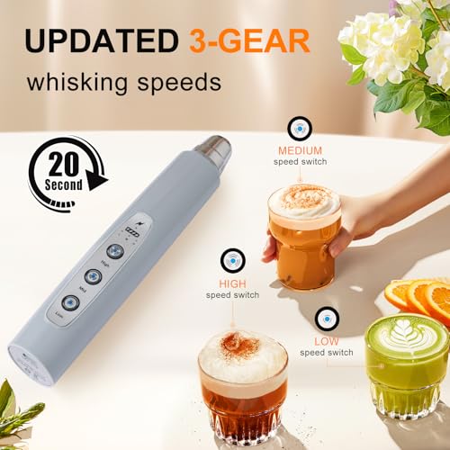 YUSWKO Handheld Milk Frother for Coffee, Rechargeable Drink Mixer with 3 Heads 3 Speeds Electric Whisk Coffee Frother For Latte, Cappuccino, Hot Chocolate, Egg - Cement Gray - Image 3