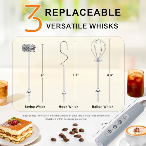 YUSWKO Handheld Milk Frother for Coffee, Rechargeable Drink Mixer with 3 Heads 3 Speeds Electric Whisk Coffee Frother For Latte, Cappuccino, Hot Chocolate, Egg - Cement Gray - Image 4