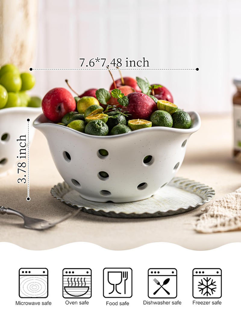 Gomakren Fruit Basket Set of 2, Ceramic Fruit Bowl Berry Basket with Holes, 7.6 Inch Fruit Containers Colander for Fridge - Farmhouse Kitchen Decor, Cream White - Image 2