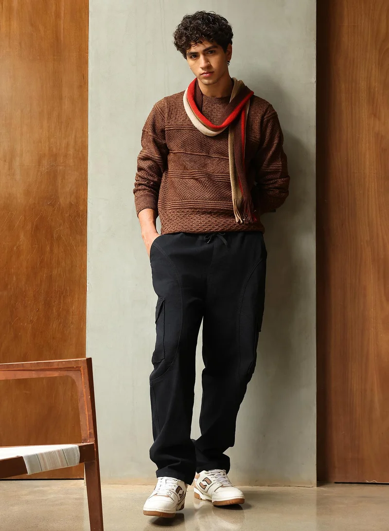 Campus Sutra Campus Sutra Men's Coffee Brown Horizontal-Jacquard Knit Pullover Sweater | Round Neck , Ribbed Cuff Sleeves , Pull On Closure , Ribbed-Straight Hem | Solid Jacquard For Casual & Daily Wear