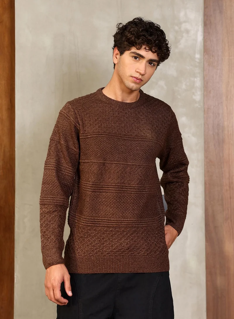 كامبوس سوترا Campus Sutra Men's Coffee Brown Horizontal-Jacquard Knit Pullover Sweater | Round Neck , Ribbed Cuff Sleeves , Pull On Closure , Ribbed-Straight Hem | Solid Jacquard For Casual & Daily Wear