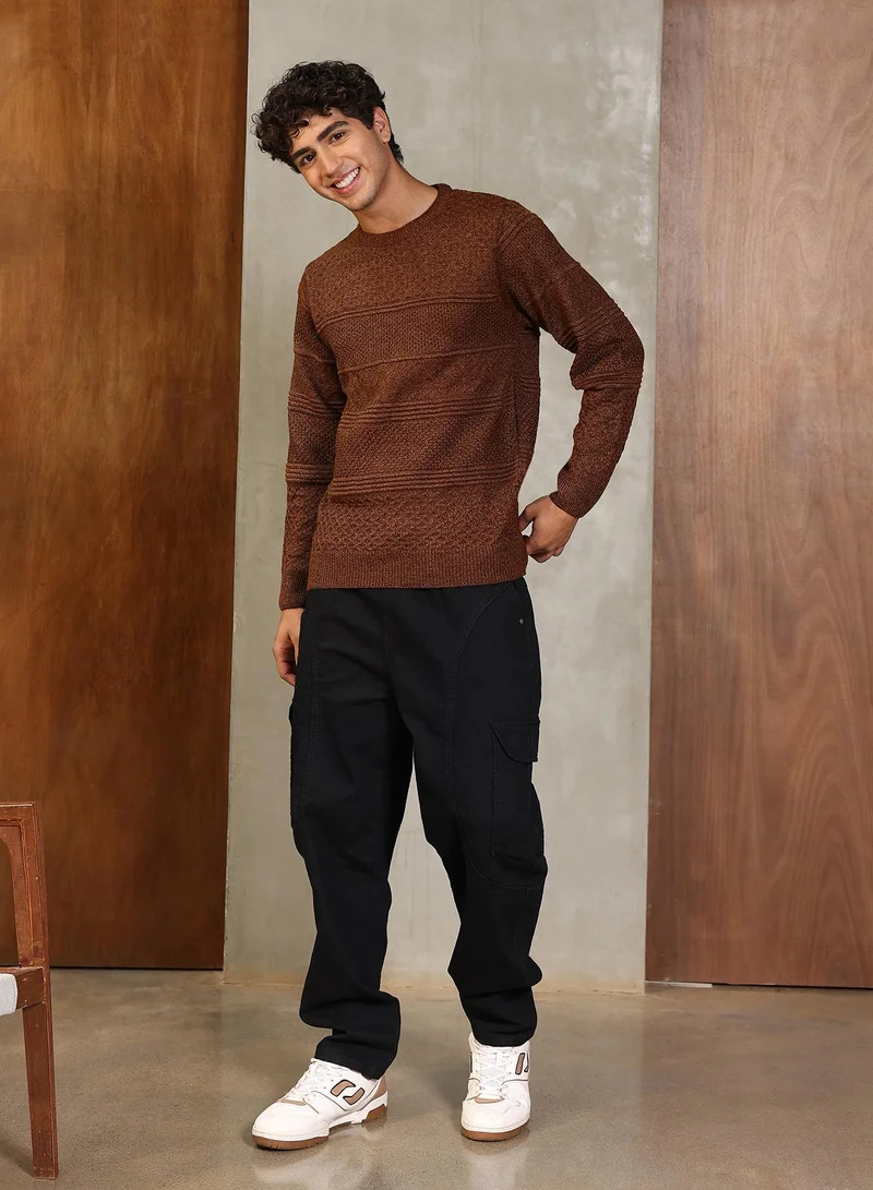 Campus Sutra Campus Sutra Men's Coffee Brown Horizontal-Jacquard Knit Pullover Sweater | Round Neck , Ribbed Cuff Sleeves , Pull On Closure , Ribbed-Straight Hem | Solid Jacquard For Casual & Daily Wear
