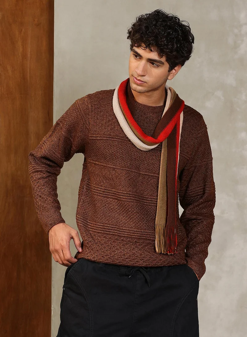 كامبوس سوترا Campus Sutra Men's Coffee Brown Horizontal-Jacquard Knit Pullover Sweater | Round Neck , Ribbed Cuff Sleeves , Pull On Closure , Ribbed-Straight Hem | Solid Jacquard For Casual & Daily Wear