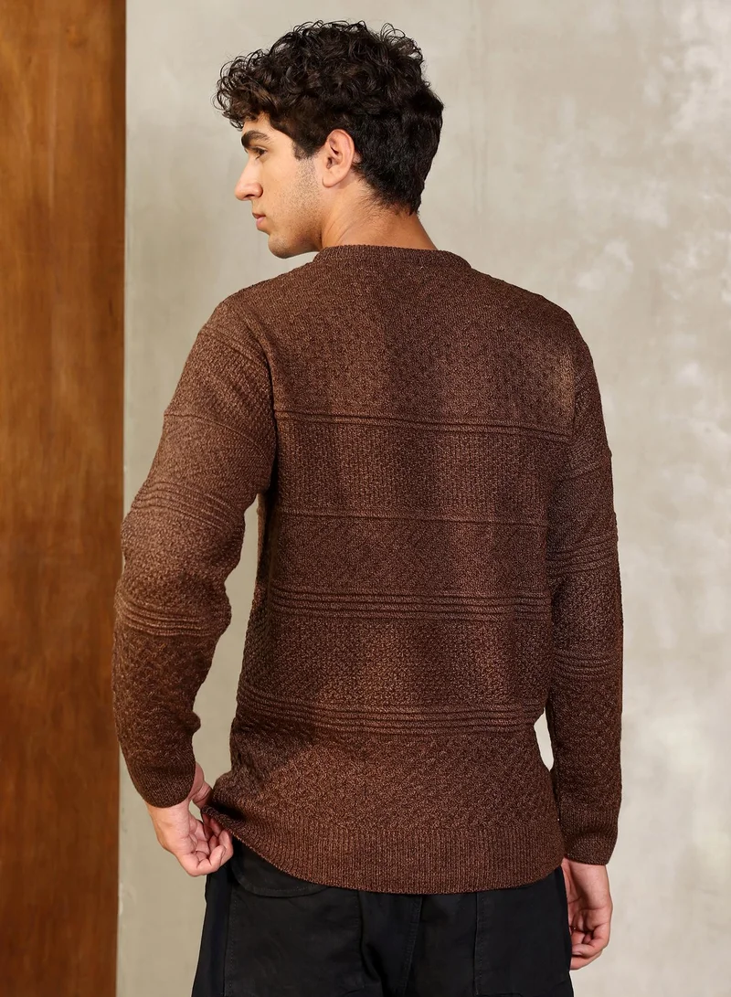 Campus Sutra Campus Sutra Men's Coffee Brown Horizontal-Jacquard Knit Pullover Sweater | Round Neck , Ribbed Cuff Sleeves , Pull On Closure , Ribbed-Straight Hem | Solid Jacquard For Casual & Daily Wear