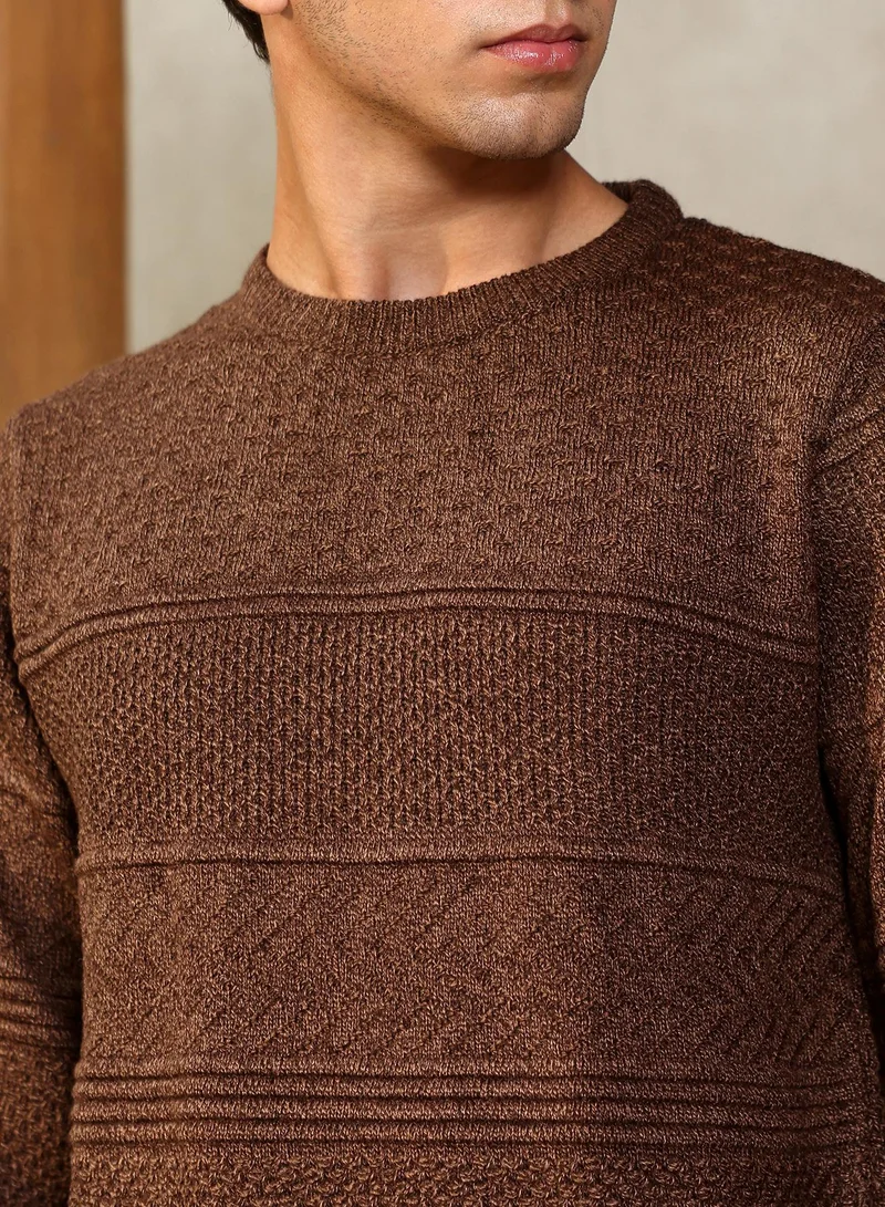 Campus Sutra Campus Sutra Men's Coffee Brown Horizontal-Jacquard Knit Pullover Sweater | Round Neck , Ribbed Cuff Sleeves , Pull On Closure , Ribbed-Straight Hem | Solid Jacquard For Casual & Daily Wear