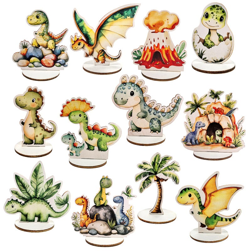 PAMBO Dinosaur Birthday Party Table Decorations - 12-Piece Wooden Dino Centerpieces Kit | Cute Jurassic Theme Party Supplies | Roaring Fun Dinosaur Baby Shower Decor - Image 1