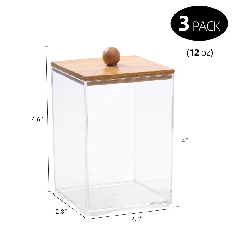 Tbestmax 3 Pack Square Qtip Holder - 12 oz Bathroom Organizers and Storage Containers, Plastic Apothecary Jars with Bamboo Lids for Cotton Ball, Cotton Swab, Floss - Image 2