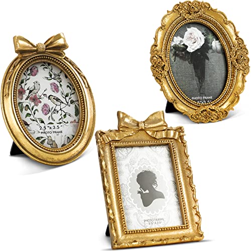 Vicenpal 3 Pcs Tiny Picture Ornate Frames Small Vintage Oval Picture Frames Gold Vintage Baroque Ornate Antique Resin Frame Table Top Display Frame for Home Wedding Decor(2.5 x 3.5 Inch,Gold) - Image 1