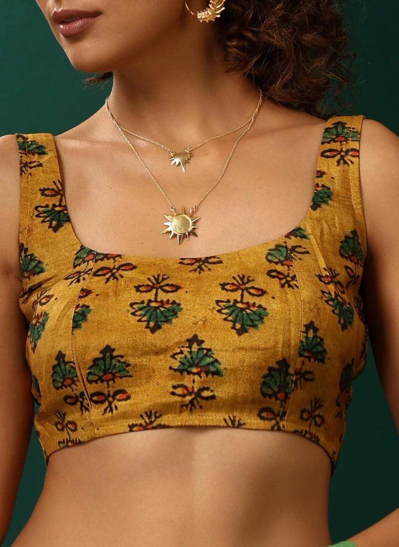 trueBrowns trueBrowns Mustard Muslin Silk Flower Printed Sleeveless Blouse