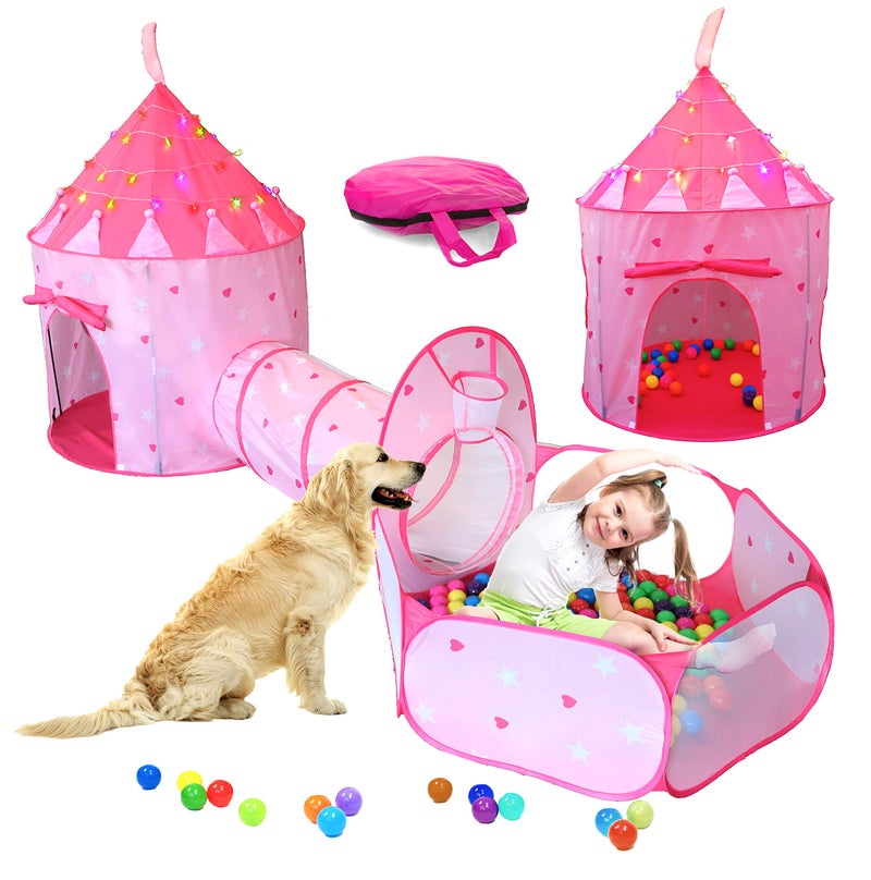 LimitlessFunN 4pc Princess Kids Pop Up Play Tent Crawl Tunnel Ball Pit Includes Star Lights Carrying Case Children Indoor Castle Playhouse for Girls Toddlers 47 D x 126 W x 53 H - Image 3
