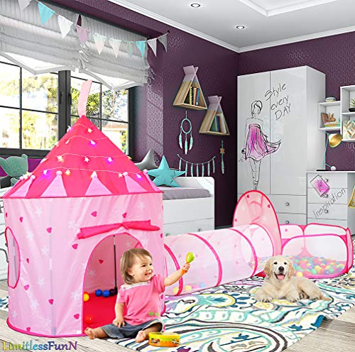 LimitlessFunN 4pc Princess Kids Pop Up Play Tent Crawl Tunnel Ball Pit Includes Star Lights Carrying Case Children Indoor Castle Playhouse for Girls Toddlers 47 D x 126 W x 53 H - Image 5