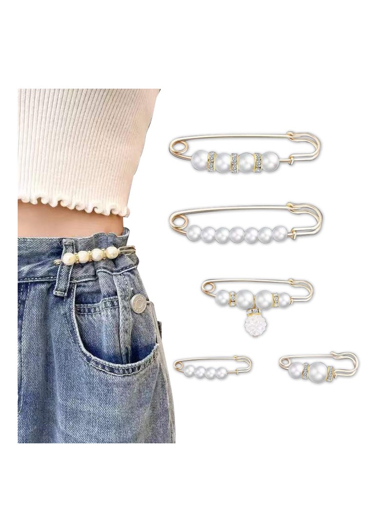 5 Pcs KASTWAVE Pearl Brooch Pins for Women, Fashionable Double Gold Brooches for Crafts, Sweater Shawl Clips, and Waist Pants Extenders (White) - Perfect Safety Pins for Any Outfit. - Image 1