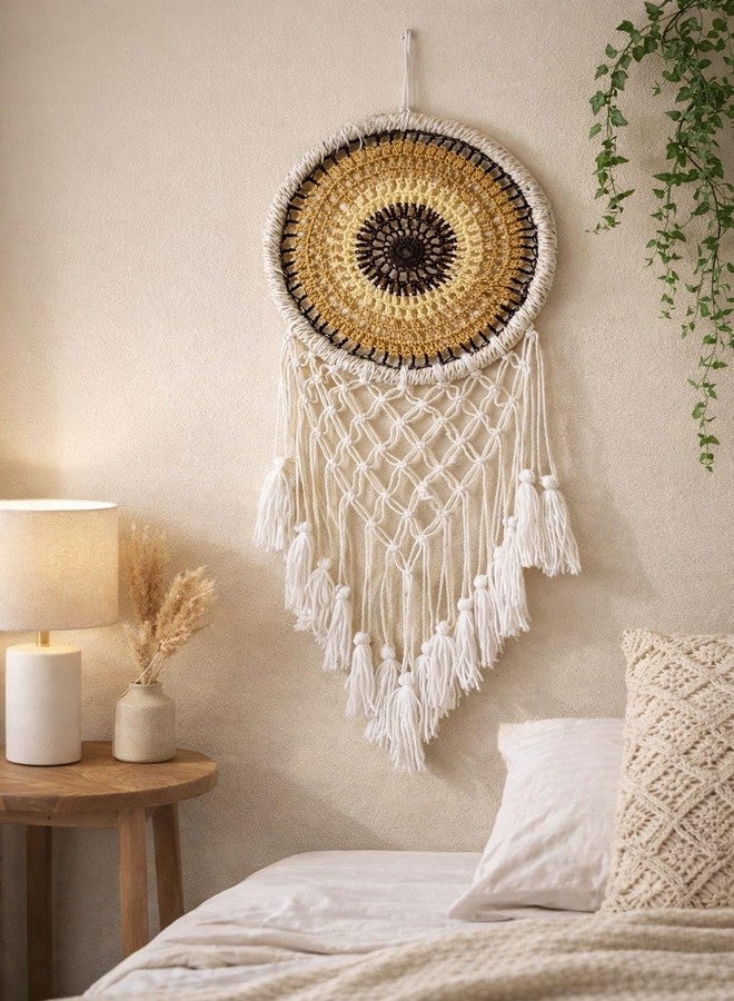 ThincAmaxe Boho Macrame Dream Catcher Wall Hanging - Handmade Crochet Dreamcatcher with Tassels - Bohemian Home Décor for Bedroom, Living Room & Nursery - White & Mustard Yellow - Image 1
