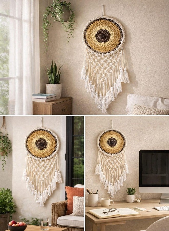 ThincAmaxe Boho Macrame Dream Catcher Wall Hanging - Handmade Crochet Dreamcatcher with Tassels - Bohemian Home Décor for Bedroom, Living Room & Nursery - White & Mustard Yellow - Image 2
