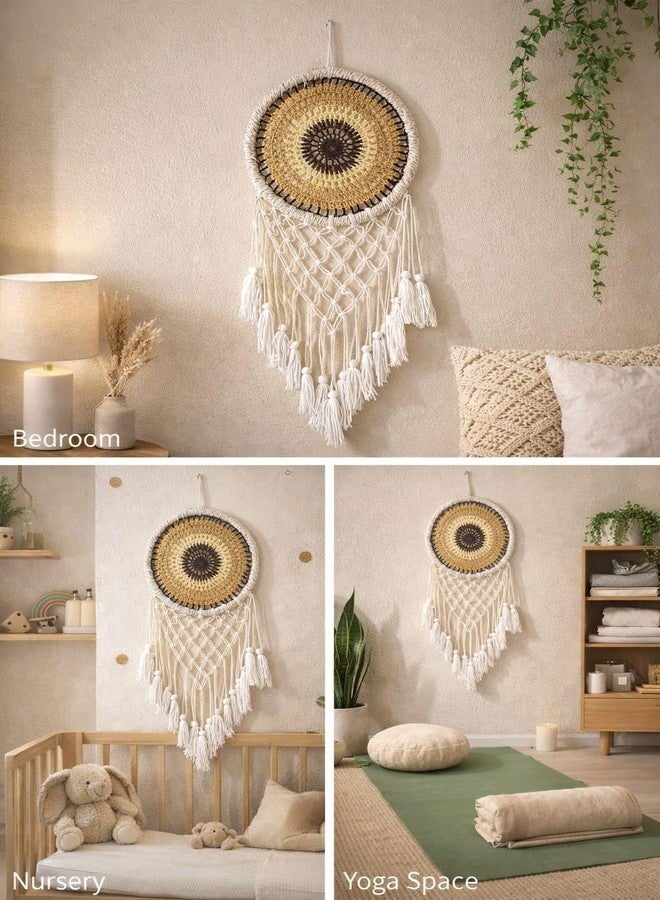 ThincAmaxe Boho Macrame Dream Catcher Wall Hanging - Handmade Crochet Dreamcatcher with Tassels - Bohemian Home Décor for Bedroom, Living Room & Nursery - White & Mustard Yellow - Image 3