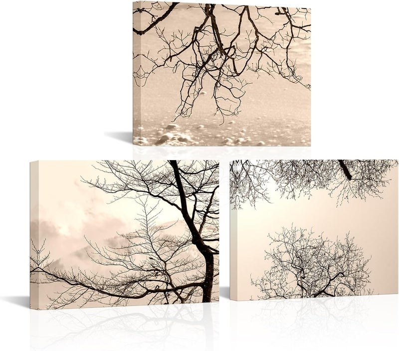 RnnJoile Beige Canvas Wall Art - Black and White Winter Tree Set - Image 1